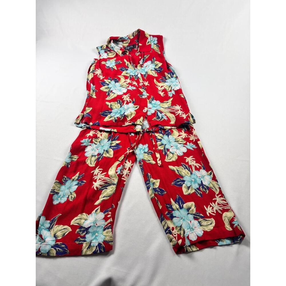 Twyla & Blu Coastal Grandma Floral Sleeveless Top and Wide Leg Crop Pant Set M